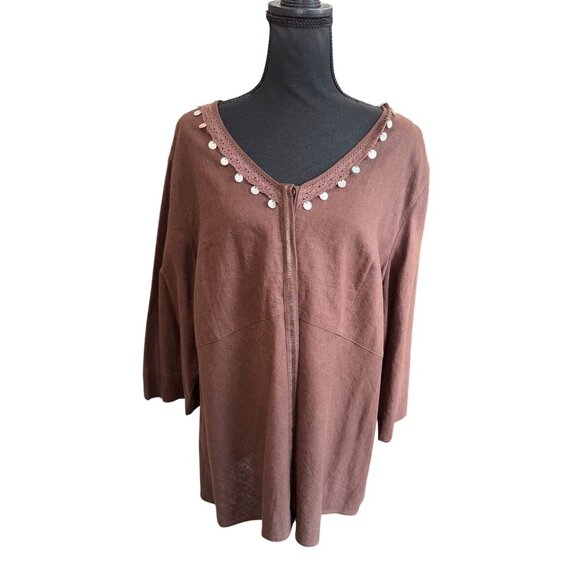 Brown Napa Valley Woman 22W Tunic Top With Crochet Trim & Sequin Linen Casual - Picture 1 of 9